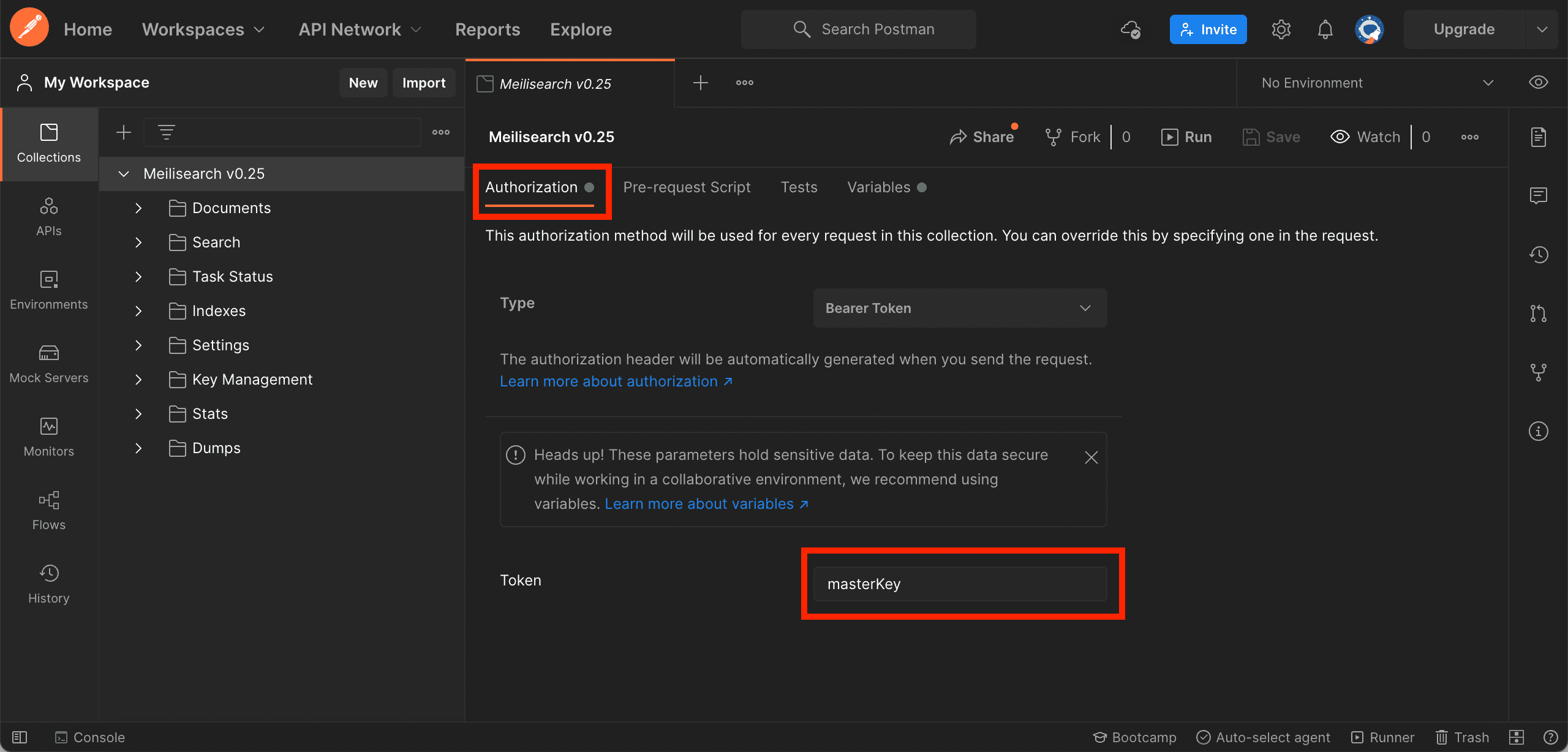 The "Token" field set to masterKey and "Type" to Bearer Token in the "Authorization" tab.