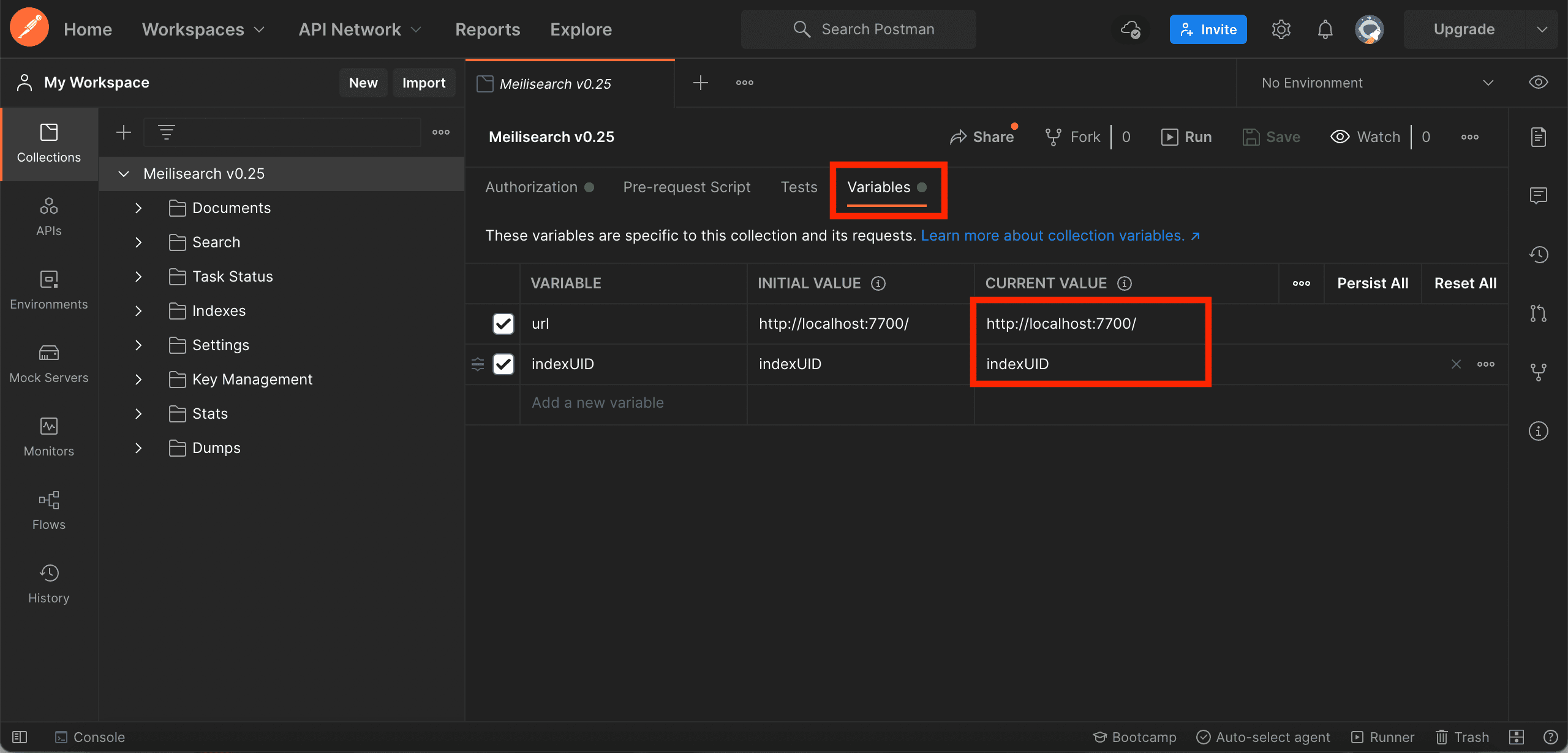 Setting the "URL" to http://localhost:7700/ and "indexUID" to indexUId in the Variables tab.