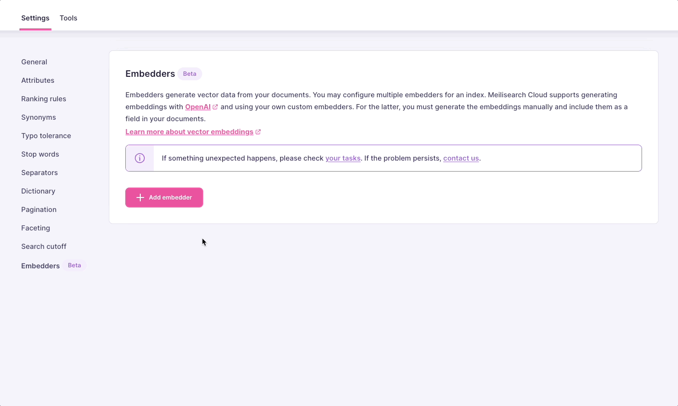 Animated image of the Meilisearch Cloud UI showing a user clicking on "add embedder". This opens up a modal window, where the user fills in the name of the embedder, chooses OpenAI as its source. They then select a model, input their API key, and type out a document template.