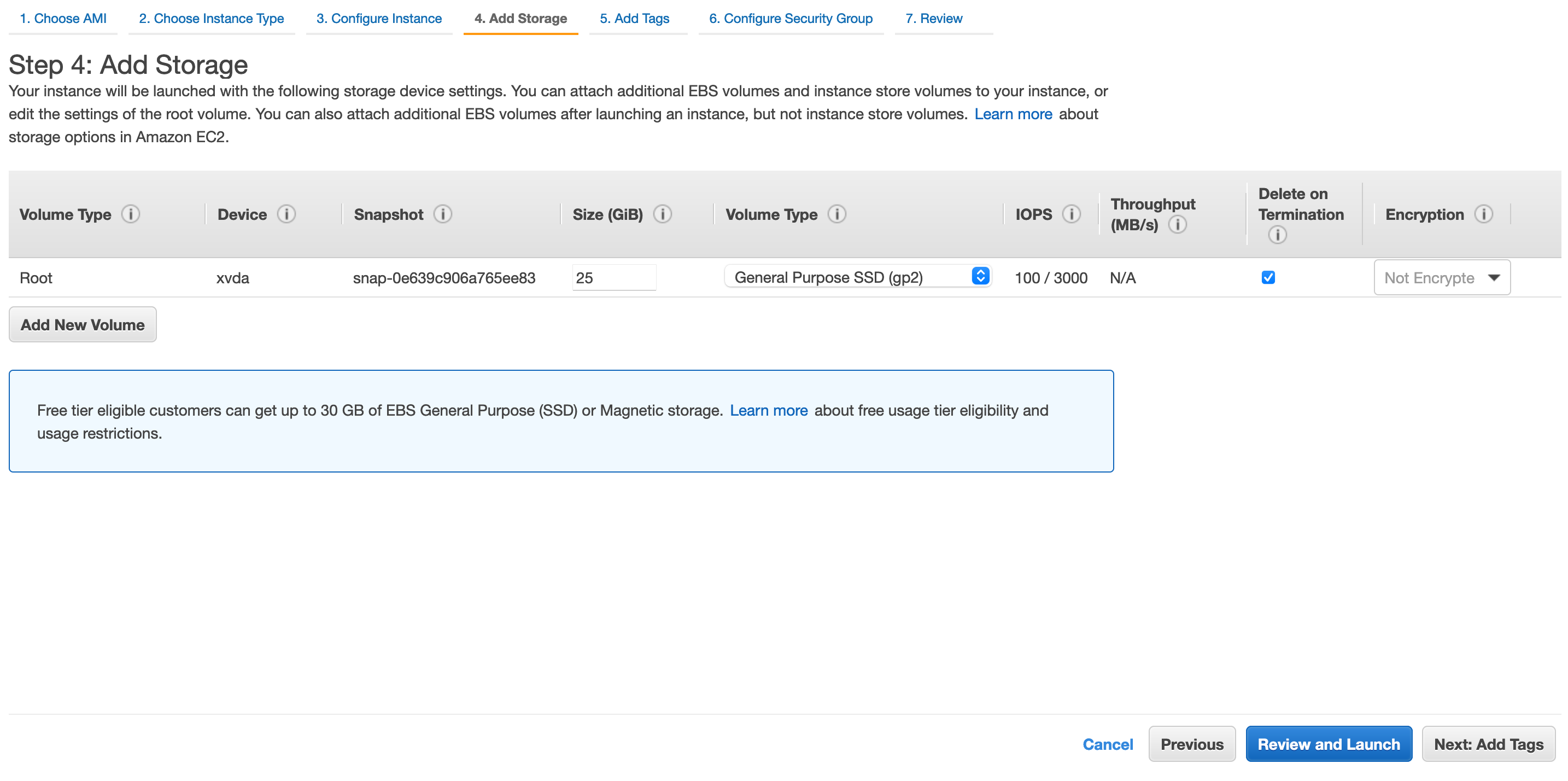 Page titled 'Step 4: Add Storage'. Text at bottom of screen: Free tier eligible users can get up to 30GB of EBS General Purpose (SSD) or Magnetic storage.