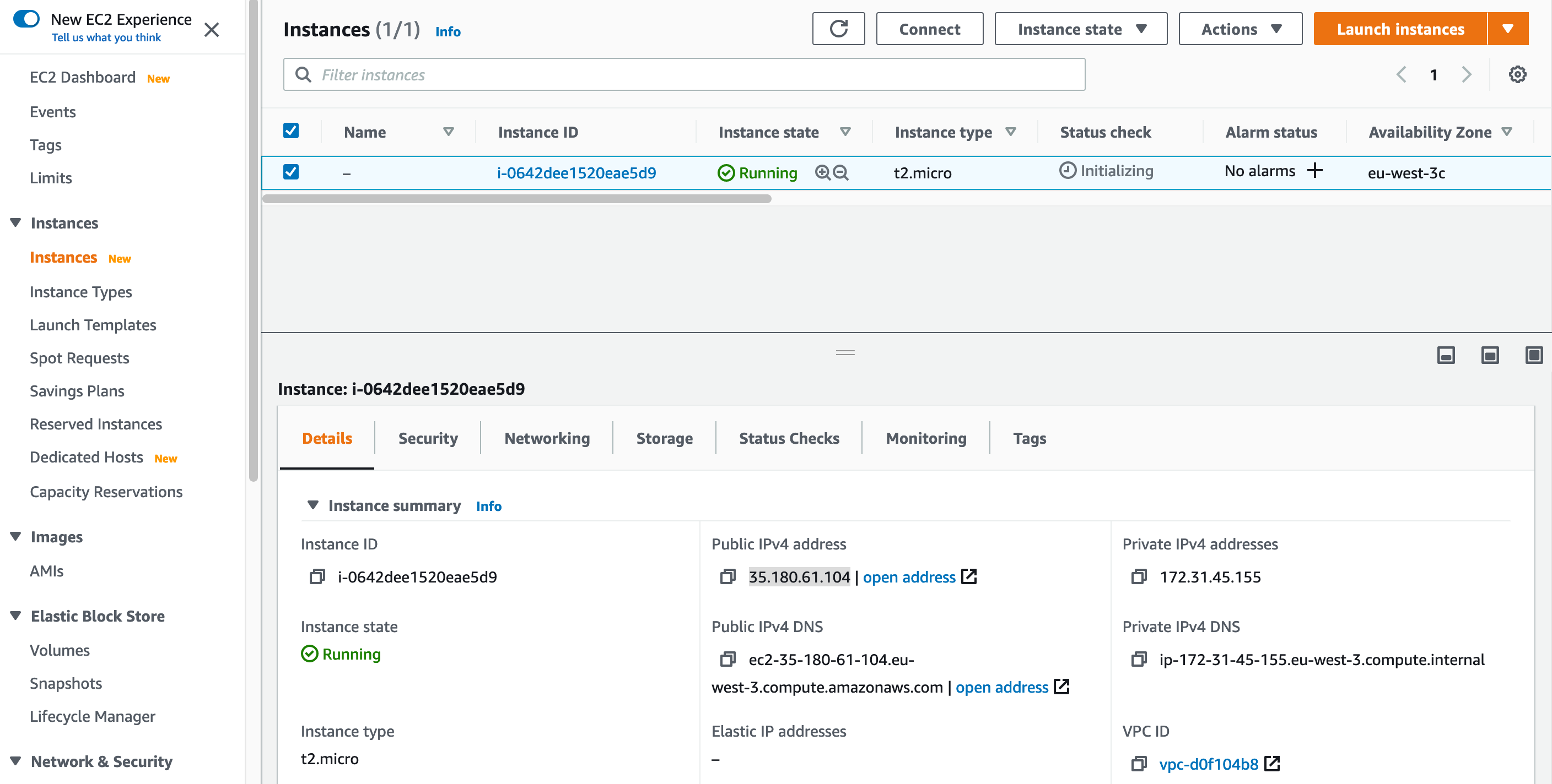 AWS dashboard showing an active instance