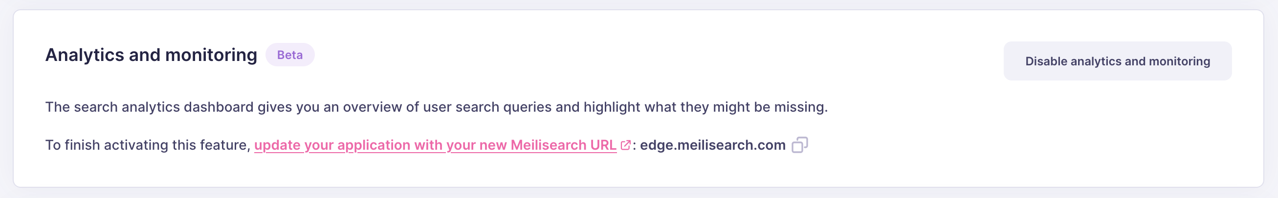 The analytics section of the project overview. It shows one button, "Disable analytics and monitoring", and a short explanation of both features.