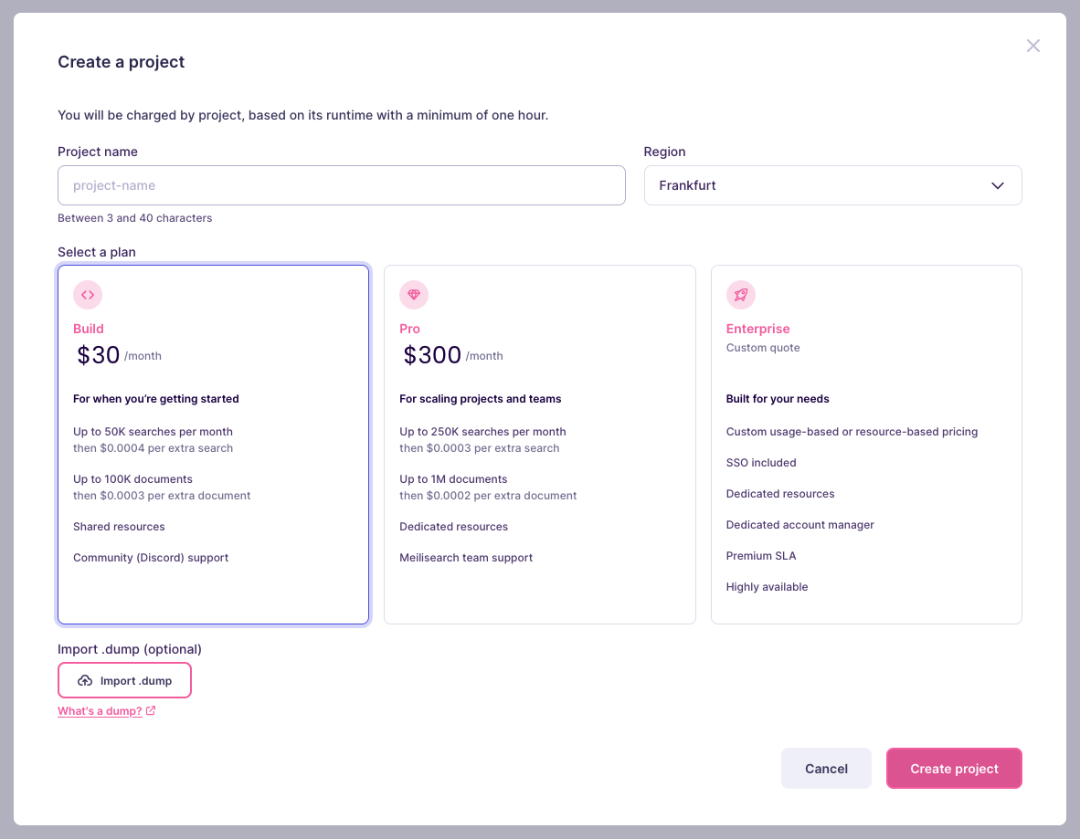 The project creation interface, with a few inputs fields: project name, region selection, and plan selection. Right below all of these, is a file upload button named "Import .dump"