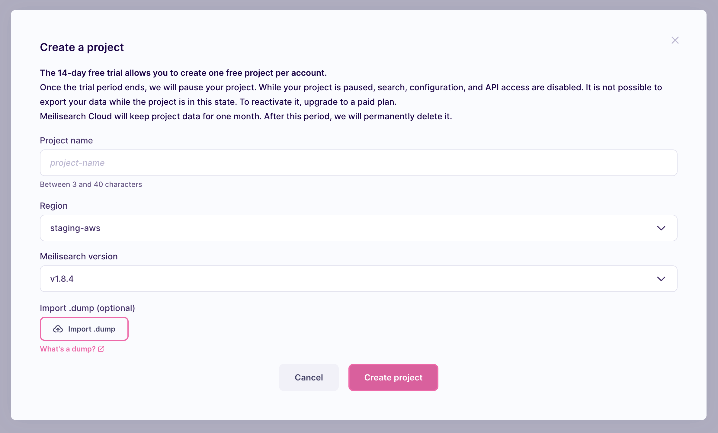 A modal window with two mandatory fields: "Project name" and "Select a region"