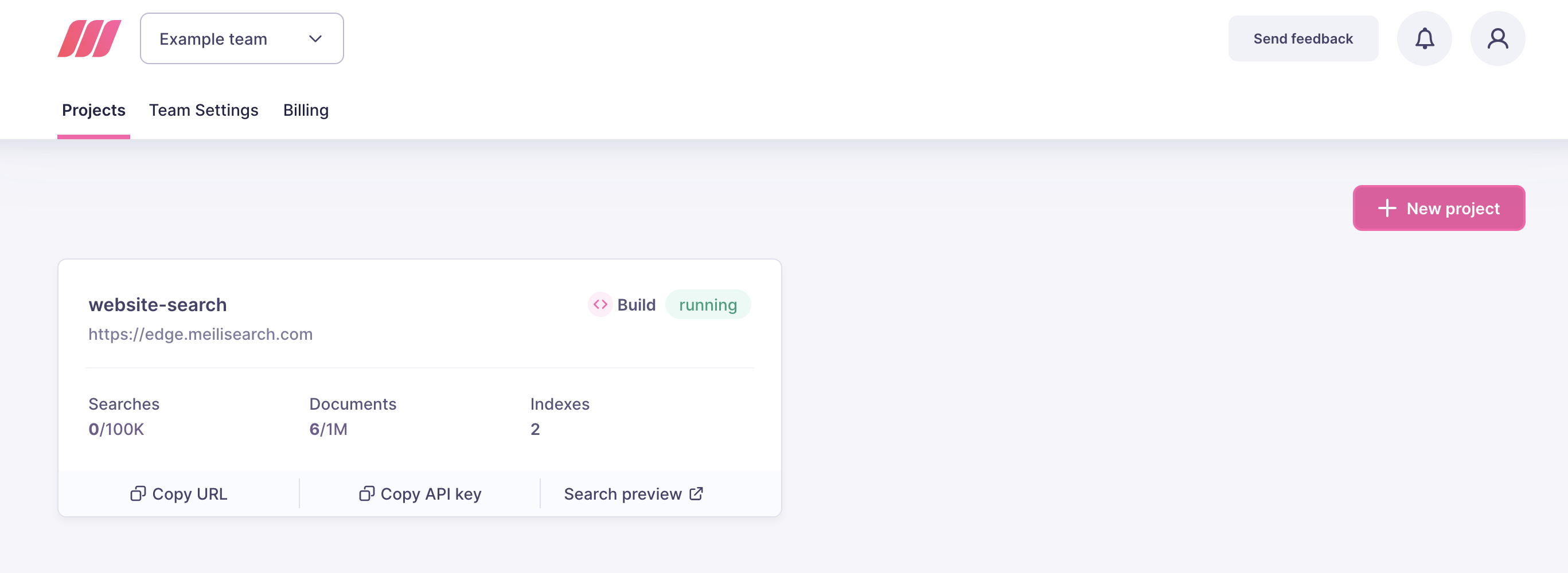 Meilisearch Cloud's main list of projects. It features only one project, "meilisearch-quick-start", and shows information such as API keys, URL, and number of monthly searches