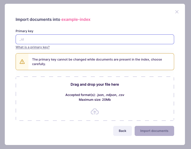 Another modal window with a large drag-and-drop area. It indicates a file named "movies.json" will be uploaded