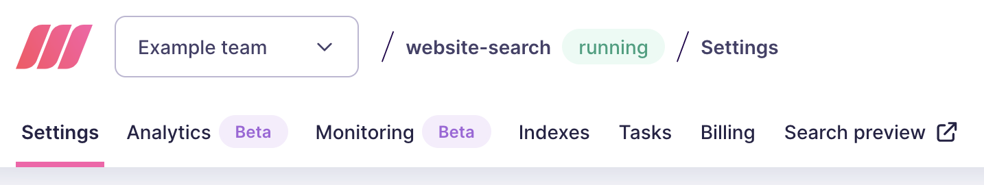 The main menu of the project view in the Meilisearch Cloud interface. Menu itmes include "Indexes" among other options such as "Settings" and "Analytics".