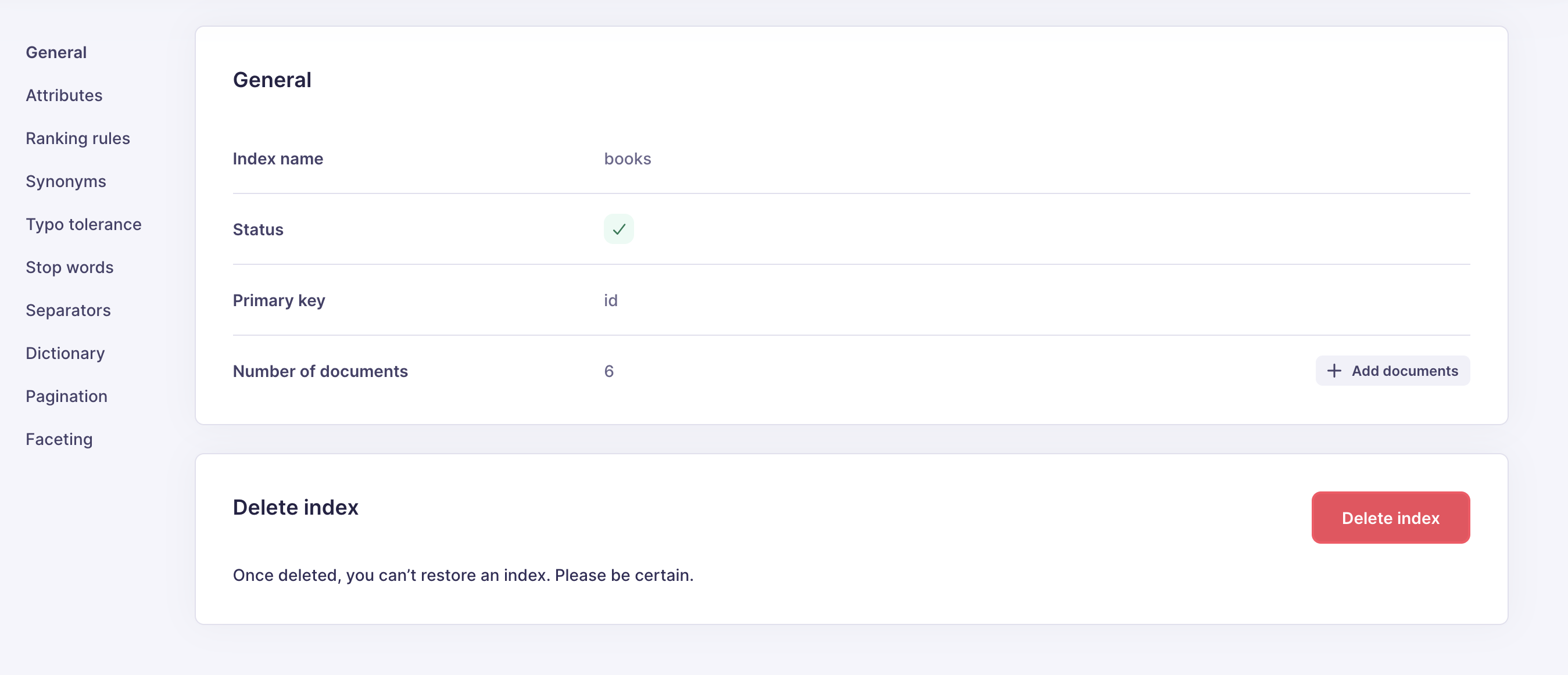 The index configuration overview together with a menu with links to pages dedicated to various index settings.