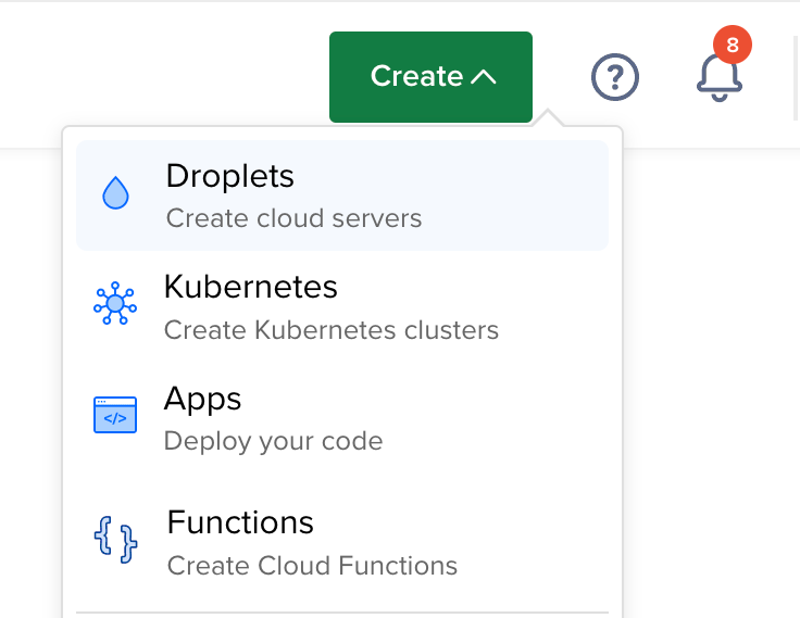 Selecting "Droplets" from the "Create" dropdown