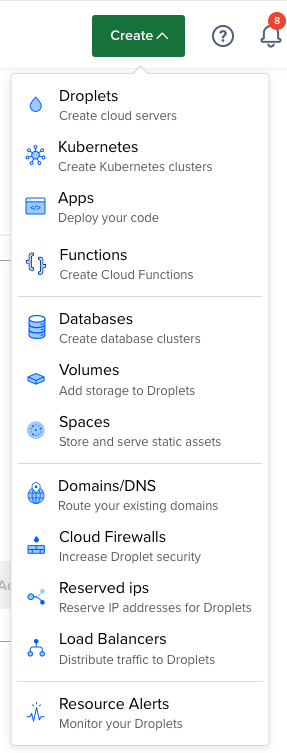 Selecting Domain/DNS from the Create menu