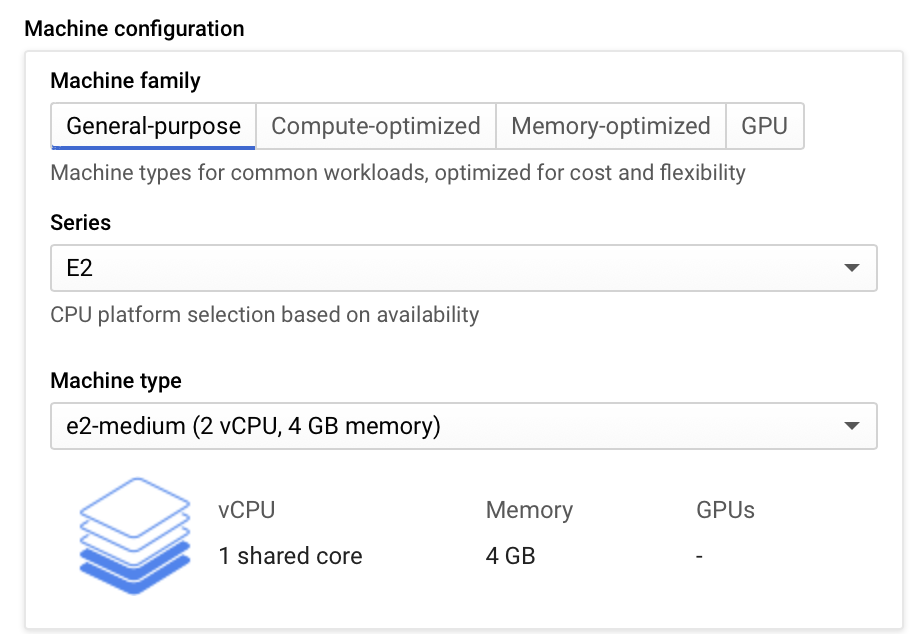 Selecting the 'E2' series and 'e2-medium (2 vCPU, 4 GB memory)' machine type