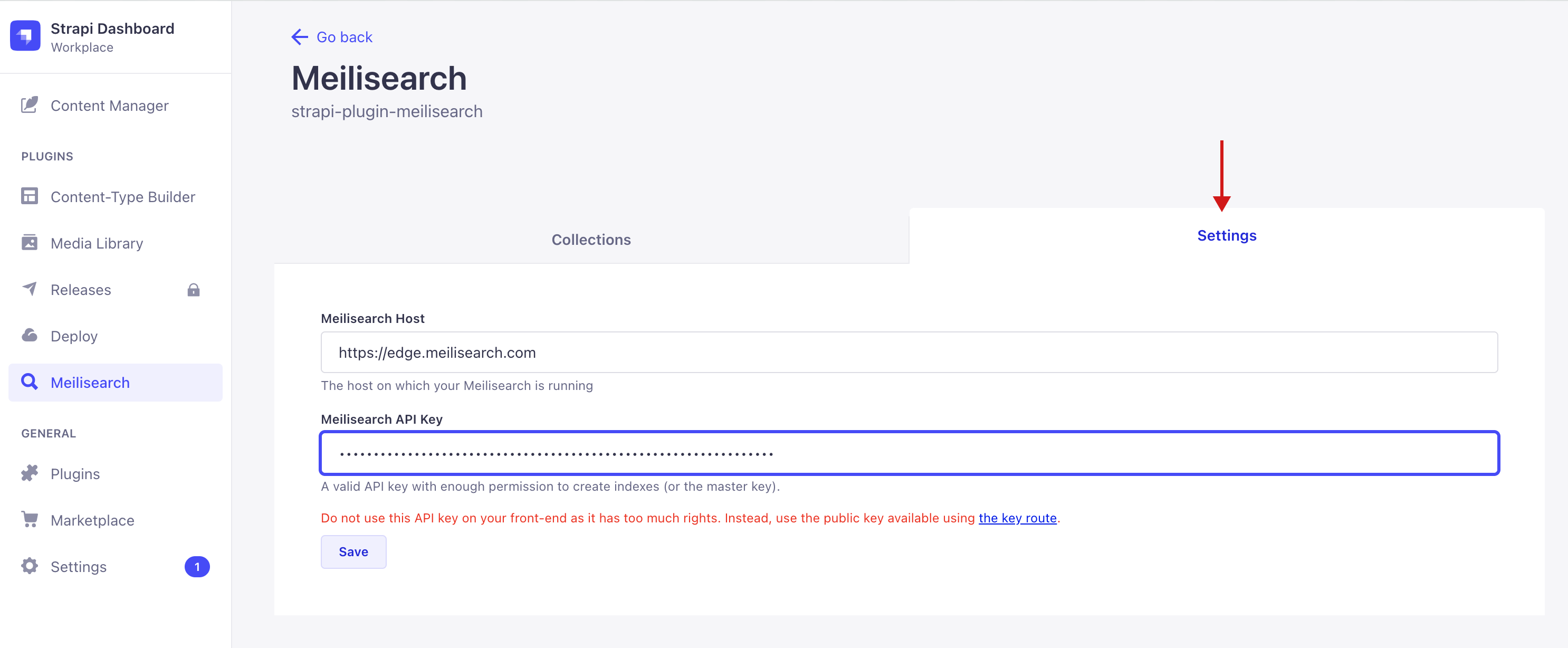 Strapi dashboard with Meilisearch plugin selected: arrow pointing to the location of the settings tab