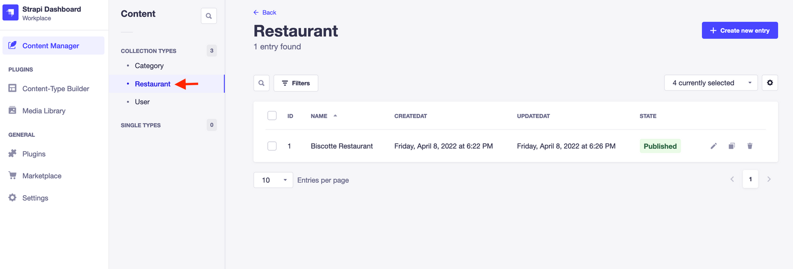 Strapi dashboard: Content manager side menu, arrow indicating the location of the Restaurant Collection Type