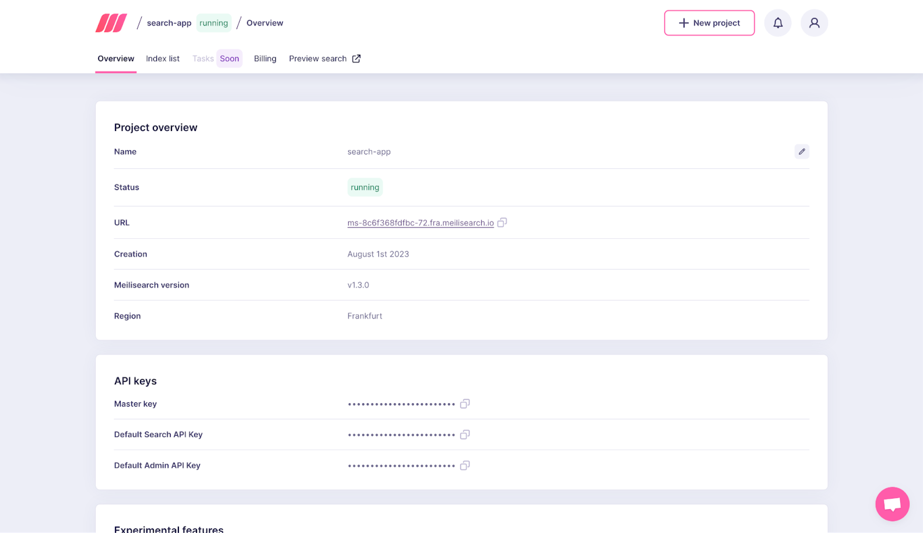 Meilisearch Cloud dashboard: overview of the "search-app" project